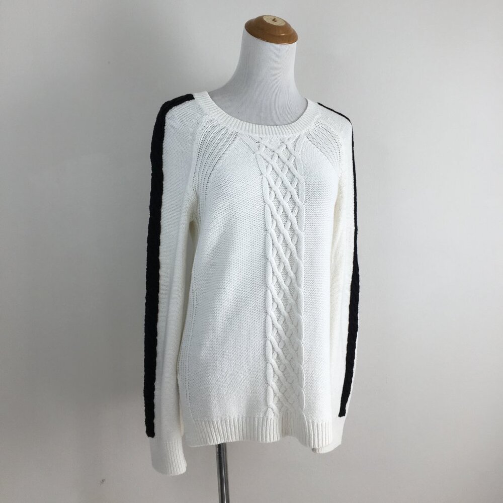 BCBGENERATION High Low Hem Slits White Black Cable Knit Sleeve Trim Sweater